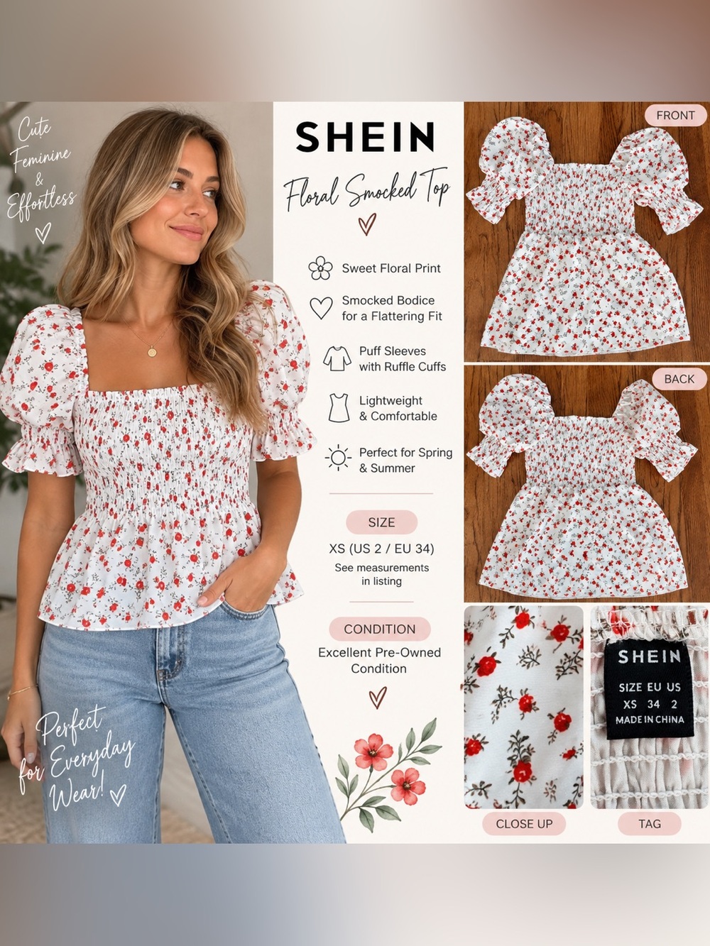SHEIN White Red Floral Smocked Puff-Sleeve Top